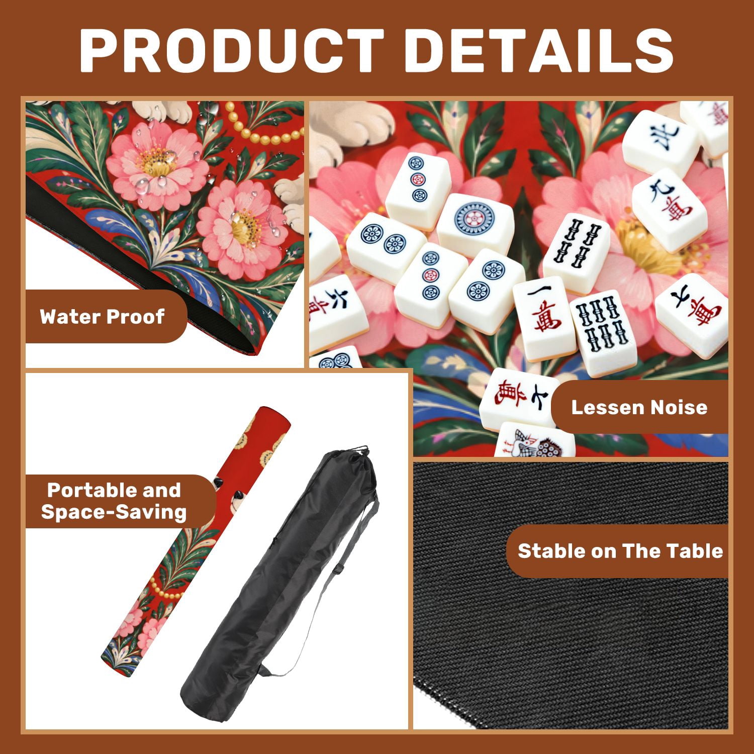 Mahjong Mat 31.5" x 31.5" Symmetrical Blue Spotted Poodles Floral Butterfly Folk Art Red Non-Slip Noise Reduction American Mahjong Tiles Table Cover for Dominoes Poker Card Board Games Gift