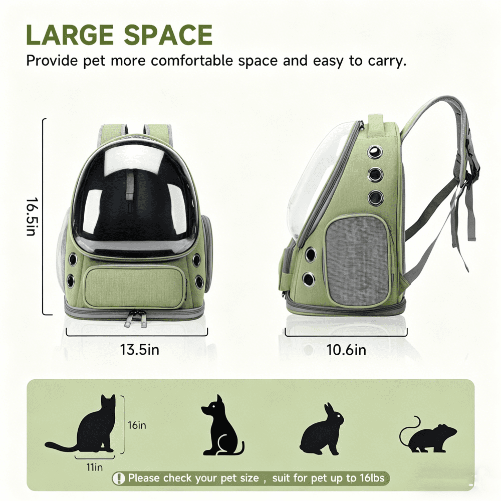 FENGCAI Cat Backpack Carrier, Breathable Cat Carrier Large Space Bubble Pet Backpack for Kitty Small Dog up to 16lbs-Green