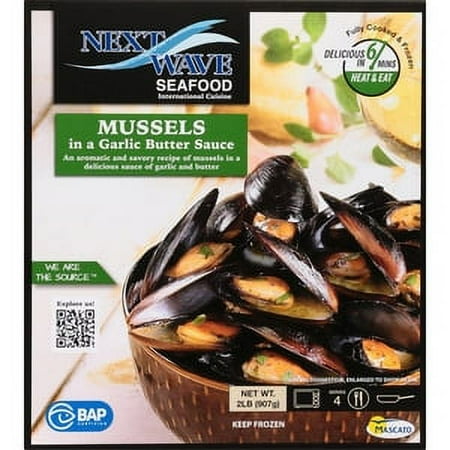 Next Wave Seafood Frozen Cooked Mussels in a Garlic Butter Sauce, 2 lb, Contains Shellfish