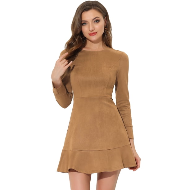 INSPIRE CHIC Mini vestido informal de manga larga con dobladillo con volantes y cuello redondo de ante sintético para mujer marrón XL