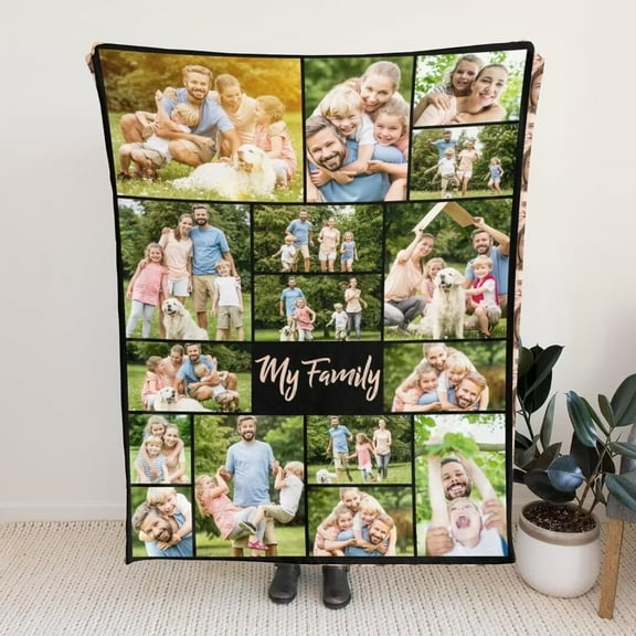 AISENIN Custom my family Blankets with Picture Customized Gifts 16 Photos Blanket Personalized Throw Flannel Blankets for Dad MomWife Husband