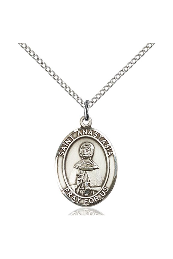 Sterling Silver St. Anastasia Pendant 3/4 x 1/2 inches with Sterling Silver Lite Curb Chain