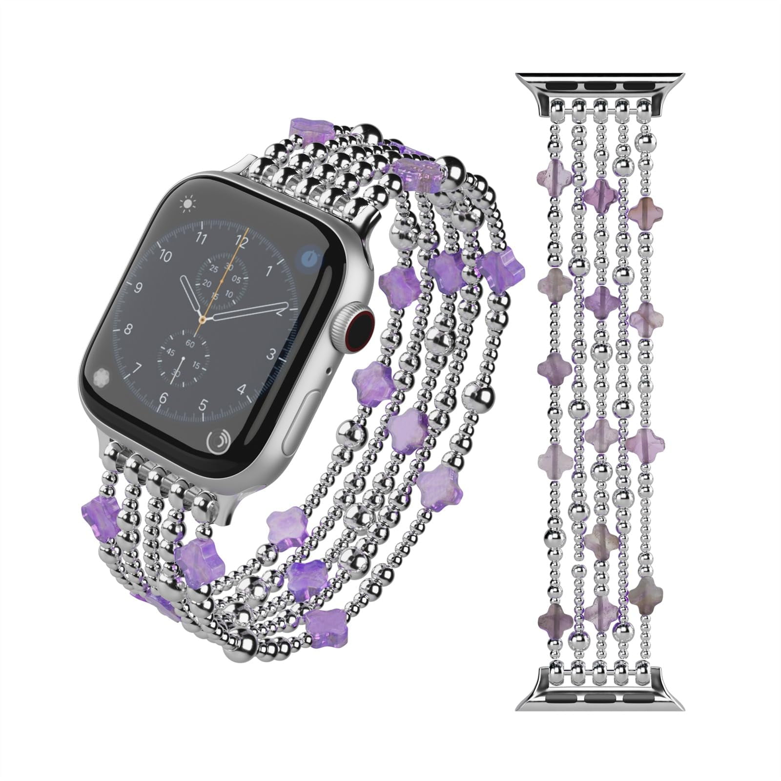 Silver Beaded Bracelet Compatible with Apple Watch Band 38mm/40mm/41mm Series 10 9 8 7 SE Women, Fashion Simple Amethyst Lucky Clover Handmade Stretch Strap for iWatch Series SE