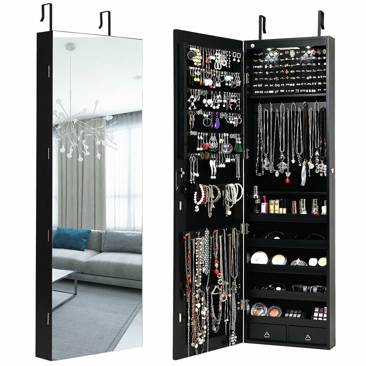 Gymax Wall & Door Mounted Mirrored Jewelry Storage Cabinet Storage with Lights & Drawer Black