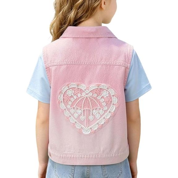 Trikvn Toddler Girl Gradient Denim Vest Sleeveless Outerwear Coats with Sweet Lace Heart Umbrella Patch Button Down Jean Jacket Casual Fashion Daily Apparel