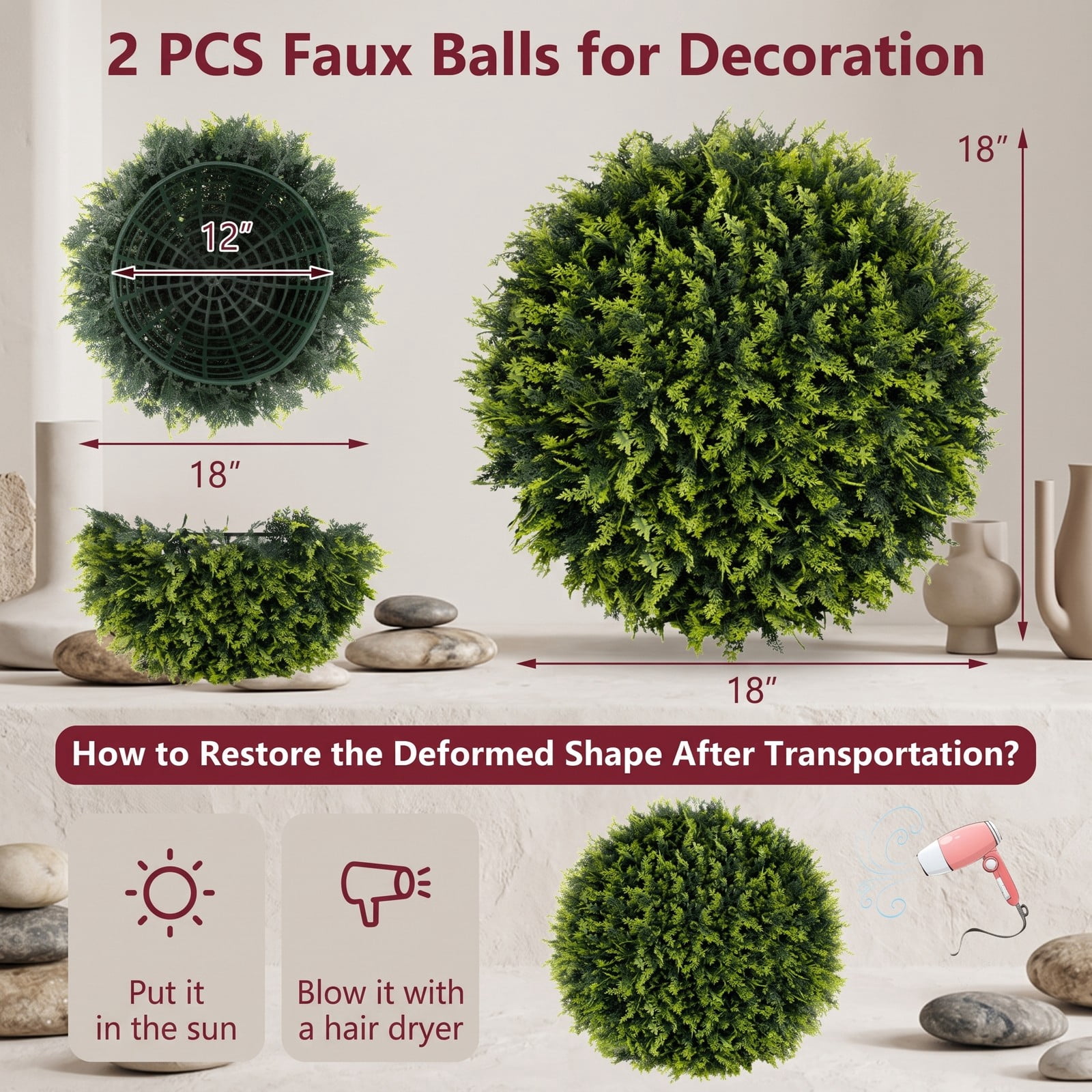 ALPULON 2 Pieces 18 Inch Faux Boxwood Topiary Balls, Indoor Outdoor Artificial Decorative Balls for Patio Garden Front Door Balcony and Backyard, Green