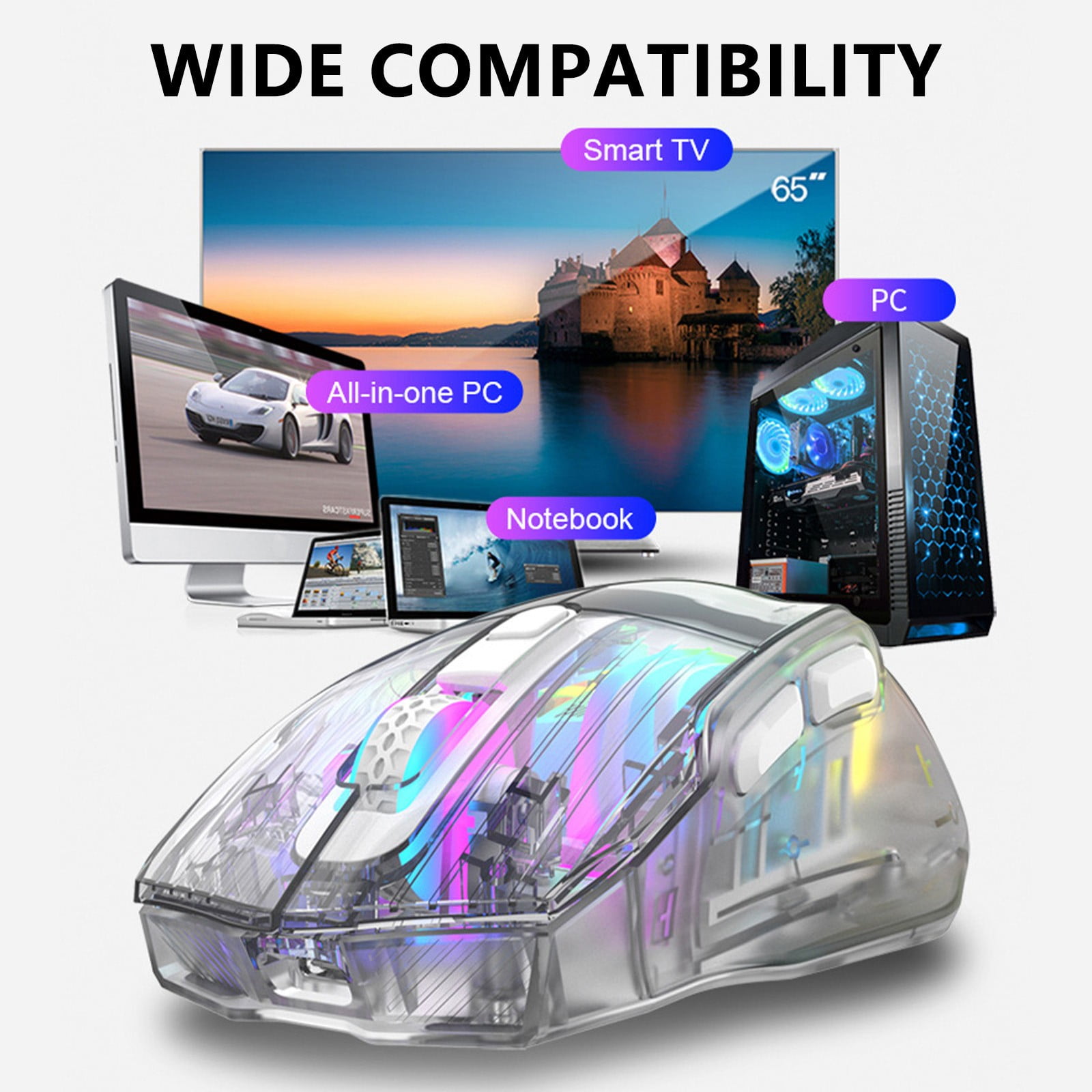 Bluetooth Wireless Mouse with Transparent Crystal Shell, Tri-Modes (USB Wired+2.4G Wireless+Bluetooth), Five Speed DPI,Silent Click,RGB Backlit, Used for Gaming and Esports(Clear)