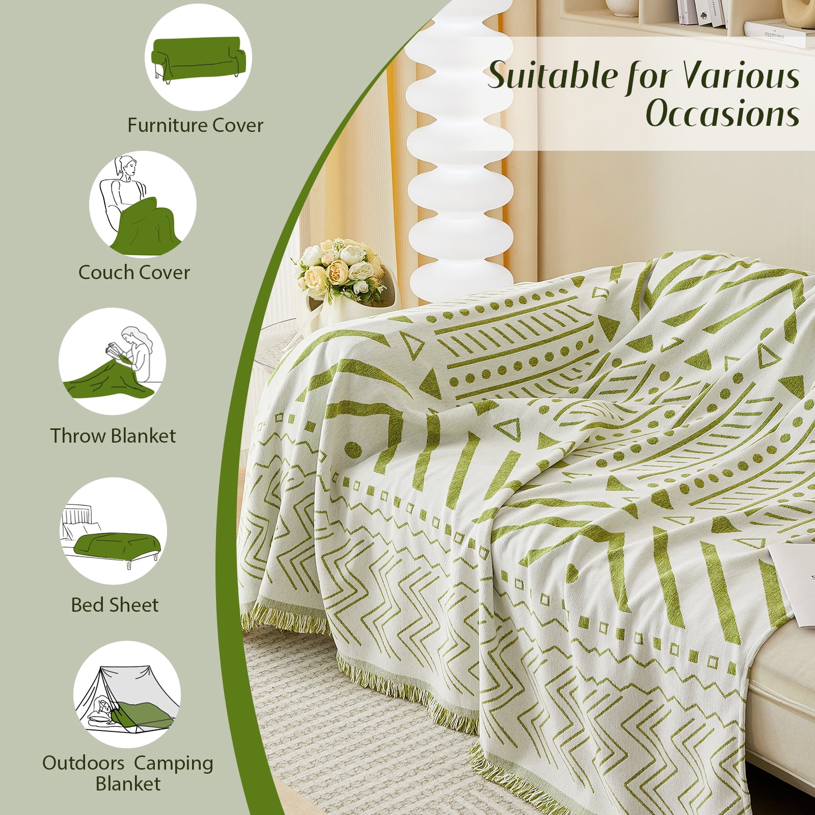 WOOW DEPOT Boho Chenille Sofa Cover Reversible w/ Tassel, Washable Throw Blanket L Shape Slipcover for 2 Cushion Couch, Sage Green & White Geometric, 71"x118"