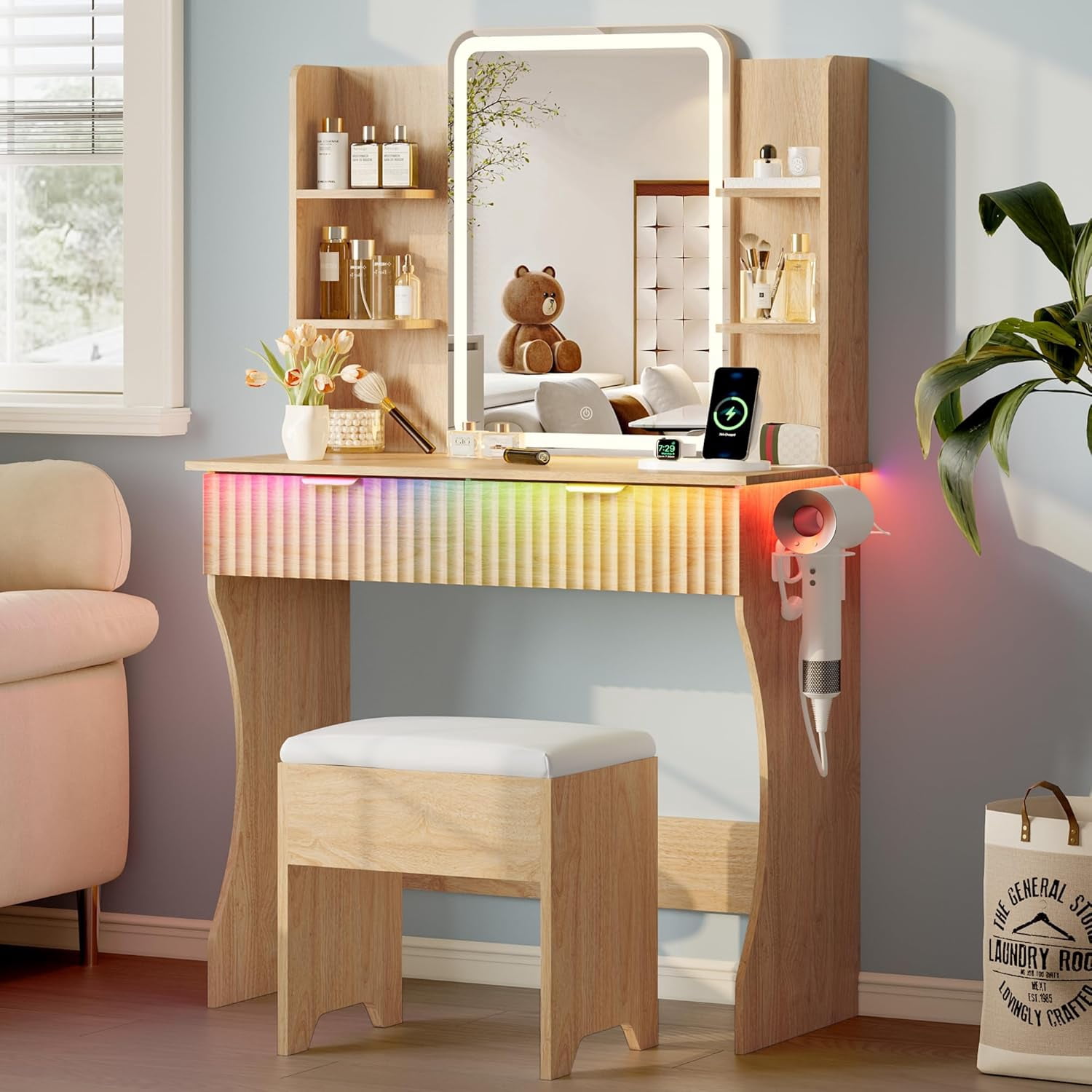 PUFFCAFE Vanity Desk with Mirror and LED Lights,Small Makeup Vanity Table with Storage Drawers & Chair & Power Outlet,Bedroom Oak Vanity Set