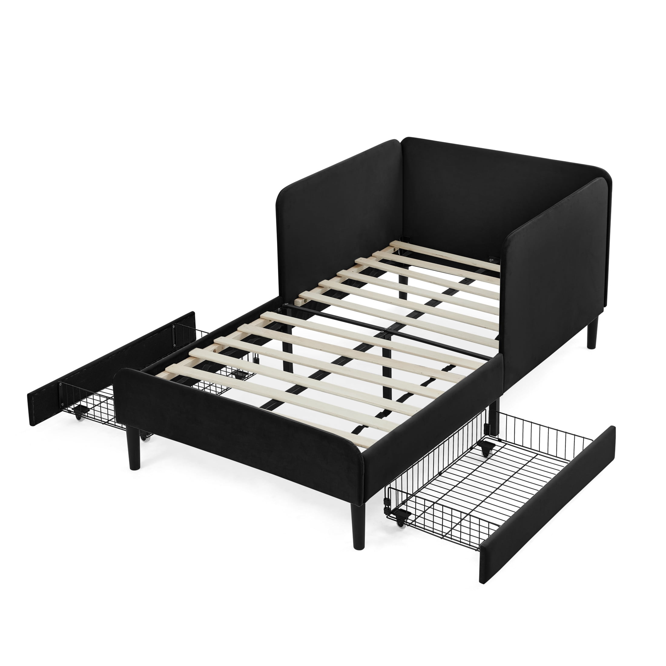 Noble House Haylie Twin Size Velvet Upholstered Daybed with Storage Drawers, Adjustable Daybed Sleeper Sofa, Black