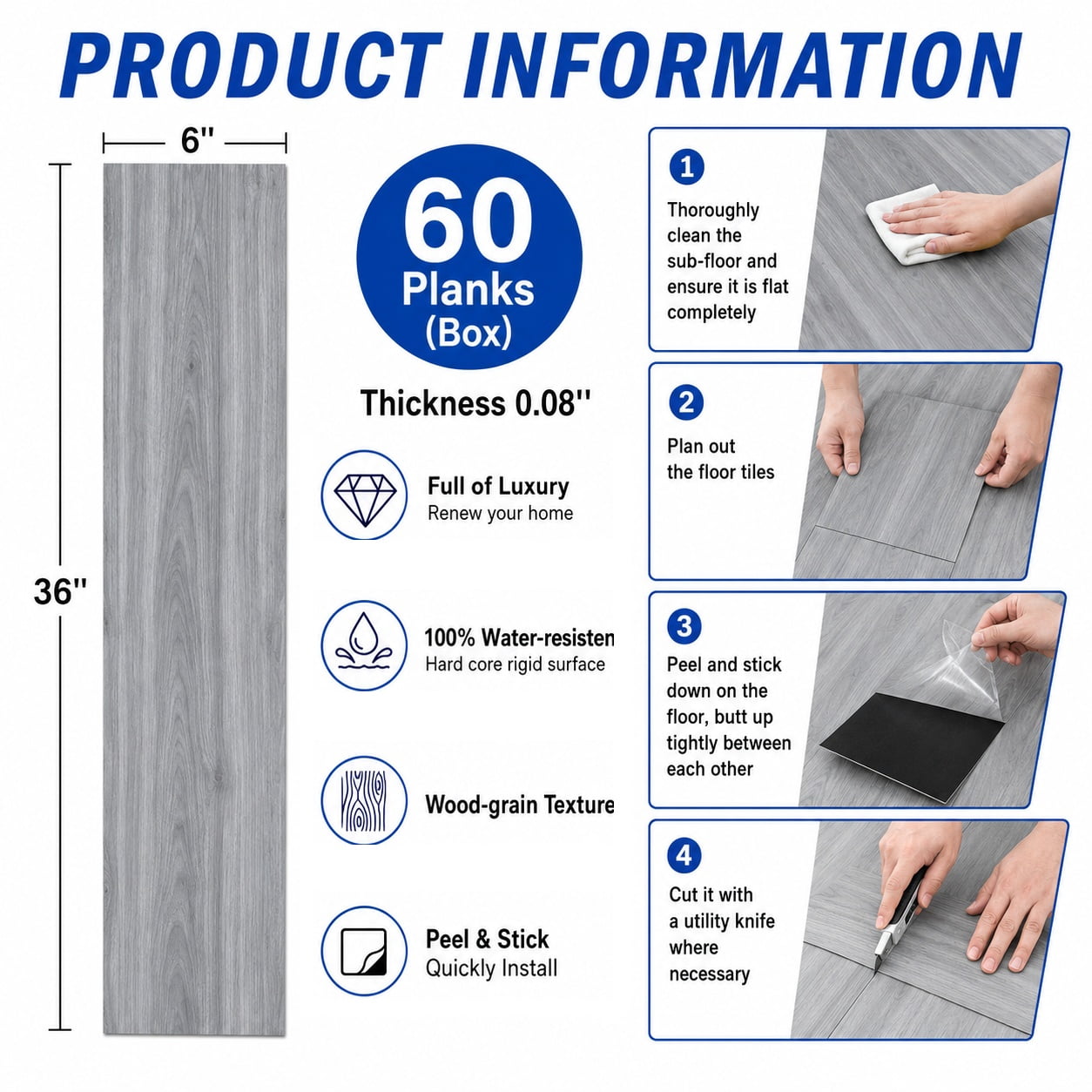 PVC Peel and Stick Flooring, 36"x6" Planks, 60 Pieces, Waterproof, Scratch Resistant, DIY Installation