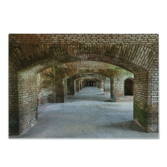 Vintage Cutting Board, Brick Arches Dry Tortugas Old Fort Historic Heritage Tourist Attraction Vintage Design, Decorative Tempered Glass Cutting and Serving Board, Small Size, Brown, by Ambesonne