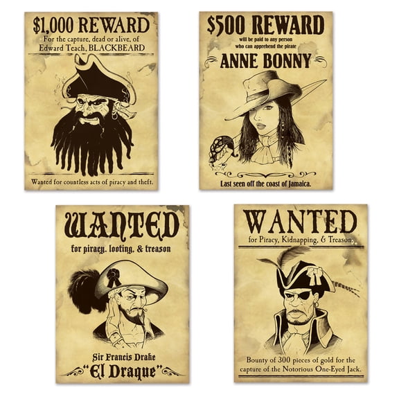 Pirate Wanted Sign Cutouts 15 1 By 4"- 12 Pack(4 Per Package)