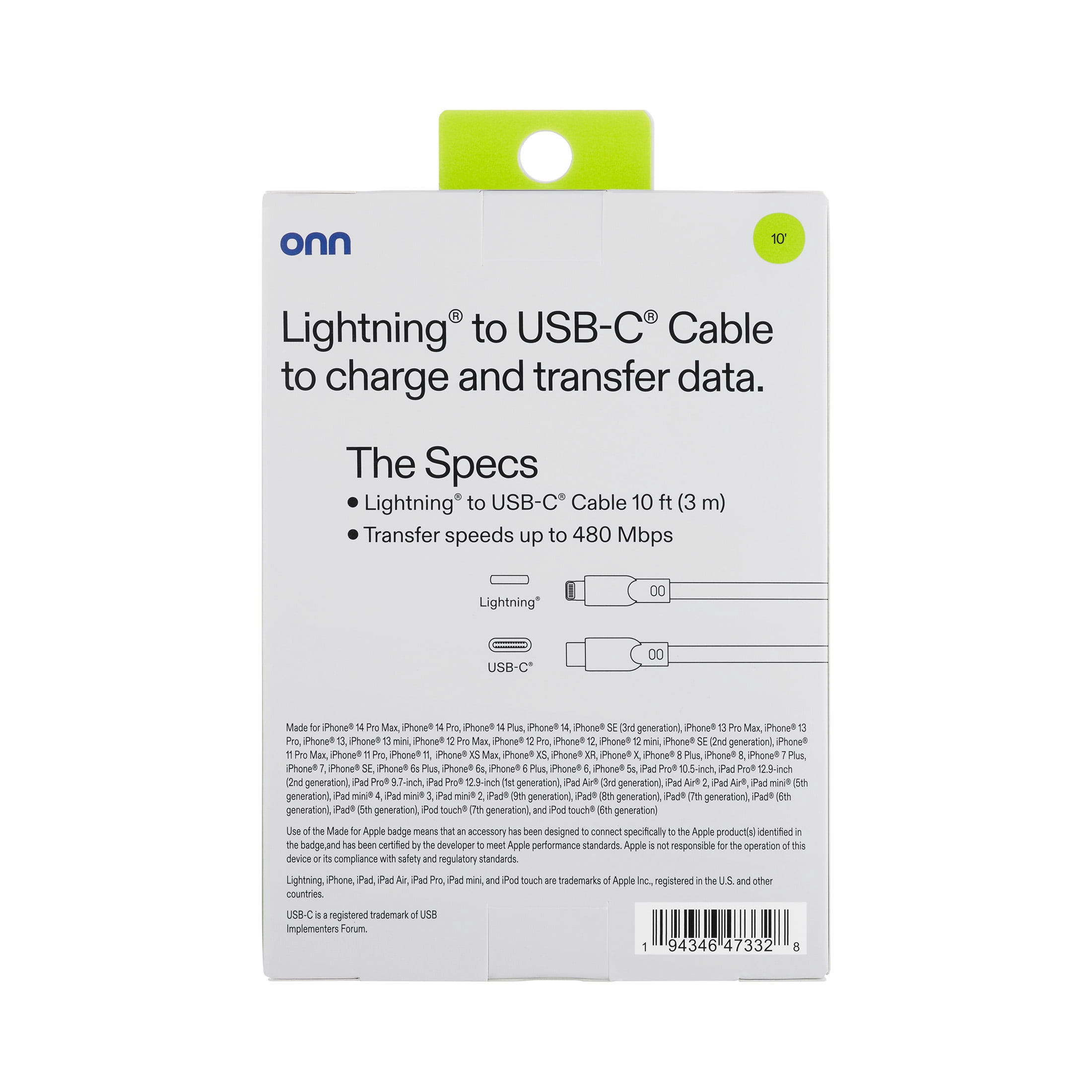 (5 pack) onn 10ft Lightning to USB-C Charging Cable, MFI Certified, Fast Charging - White