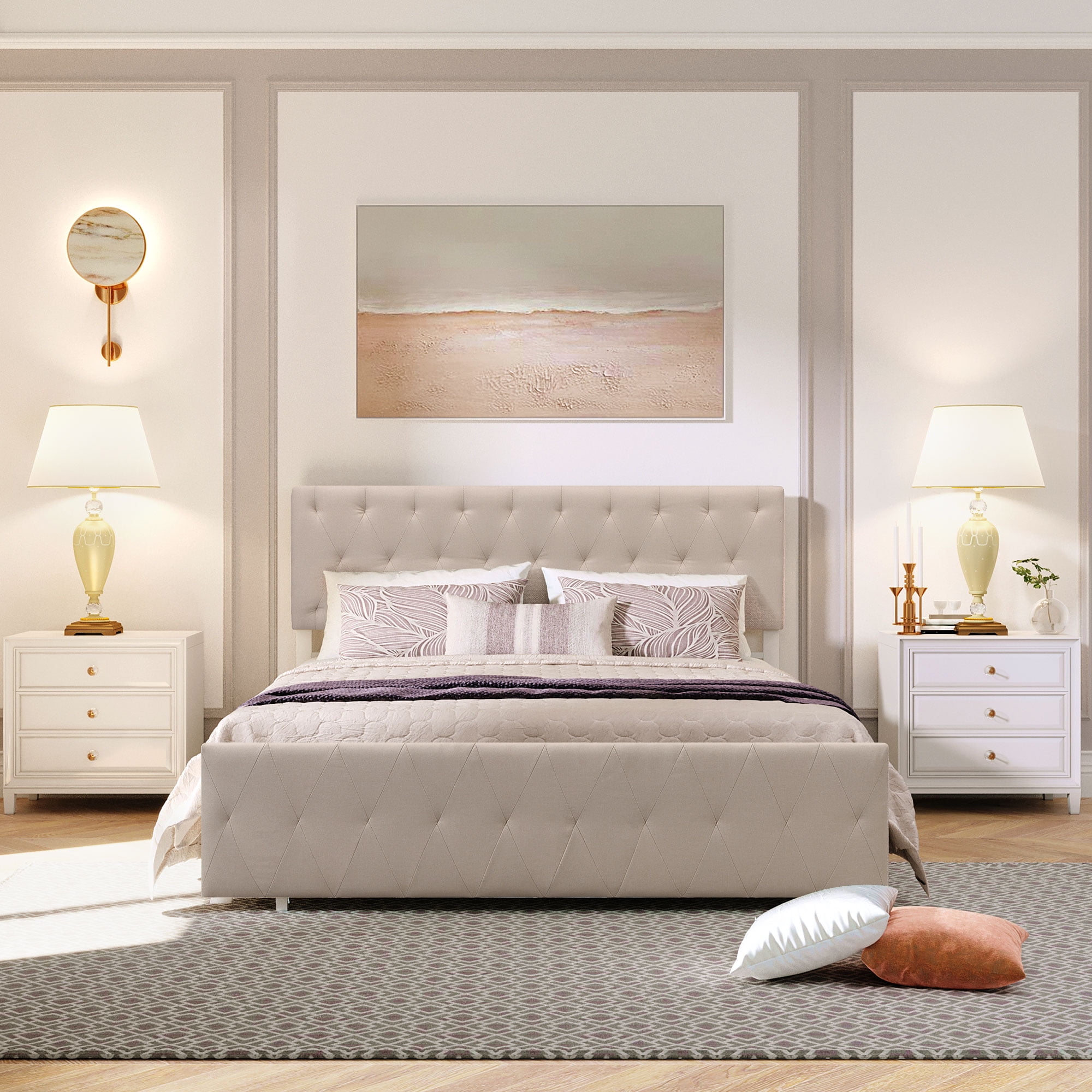 Queen Size Storage Bed, Metal Platform Bed with a Big Drawer, Beige