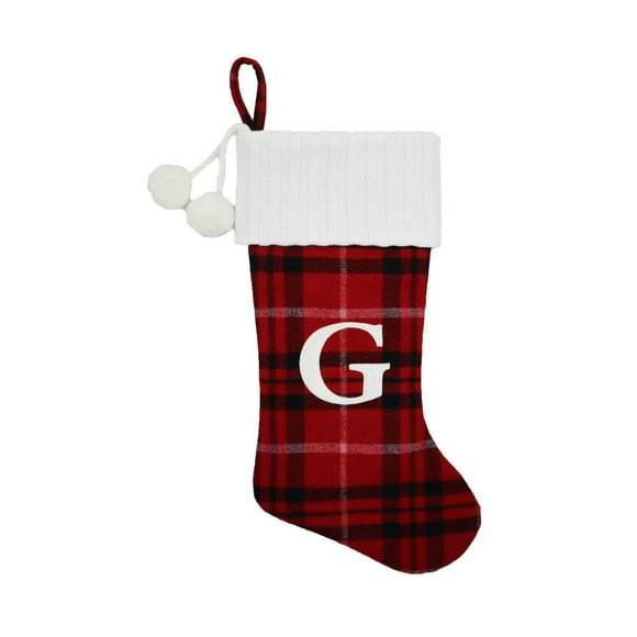 Holiday Time 19 inches Red/Black/White Plaid Monogram Stocking with letter "G"