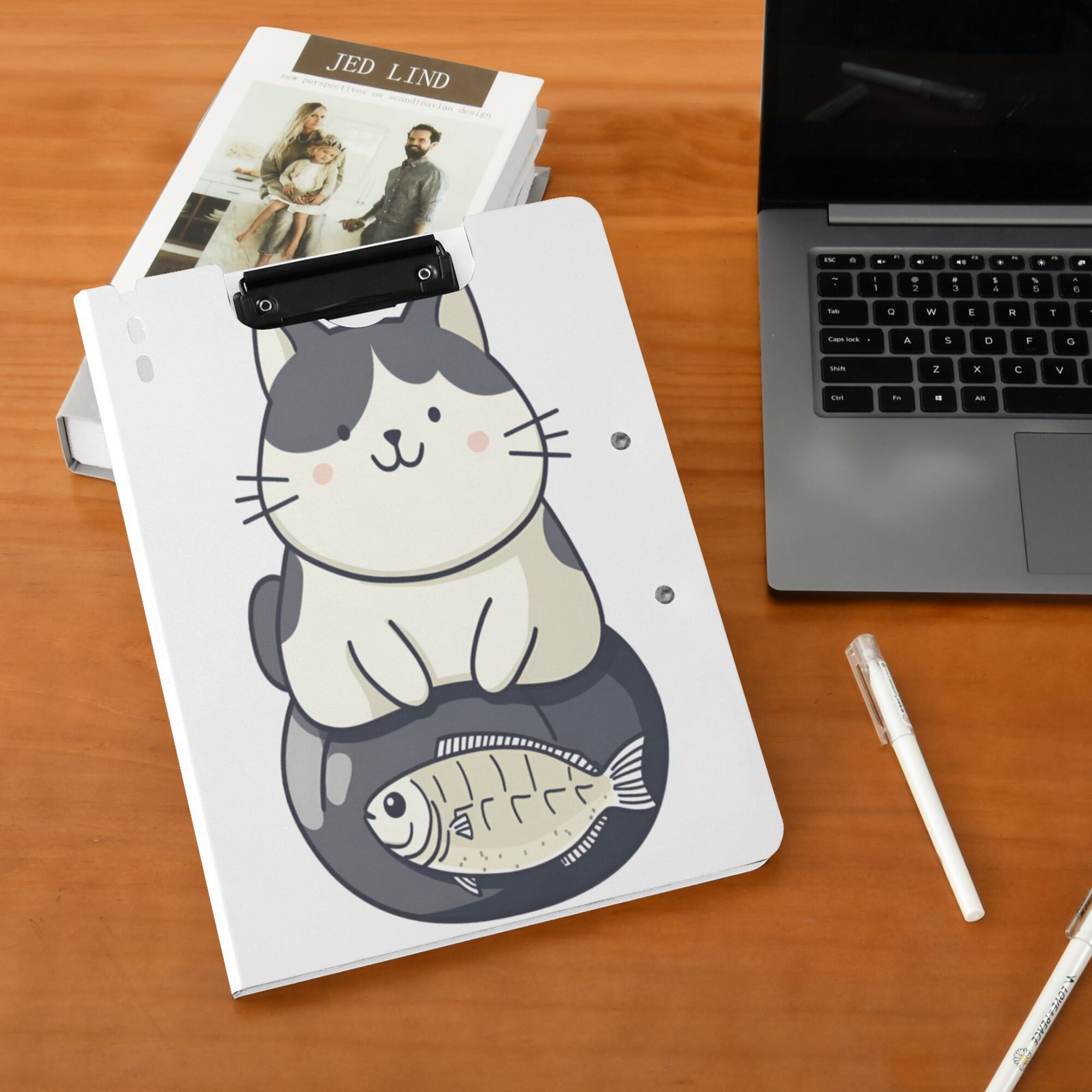 FORMRS A4 Clipboard Folder with Pen Holder Horizontal Foldable School Office Binder, Black Cute Cat