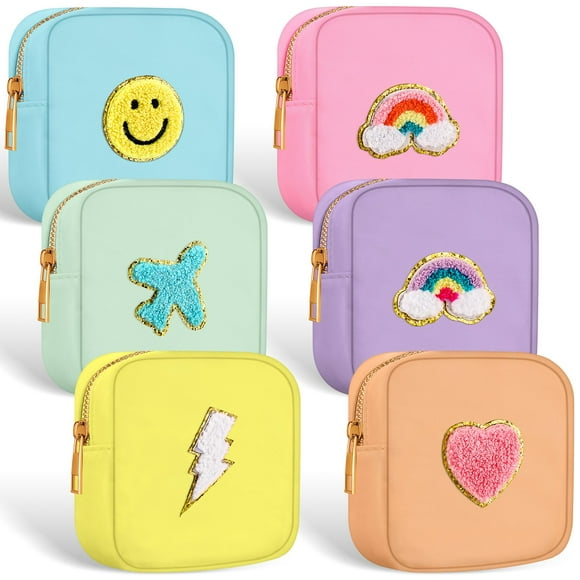 Zubebe 6 Pcs Preppy Patch Cute Makeup Bags Toiletry Bags Skincare Pouch Chenille Letter Nylon Bag for Purse Small Zipper Cosmetic Makeup Pouch Preppy Things for Travel(Fresh Colo