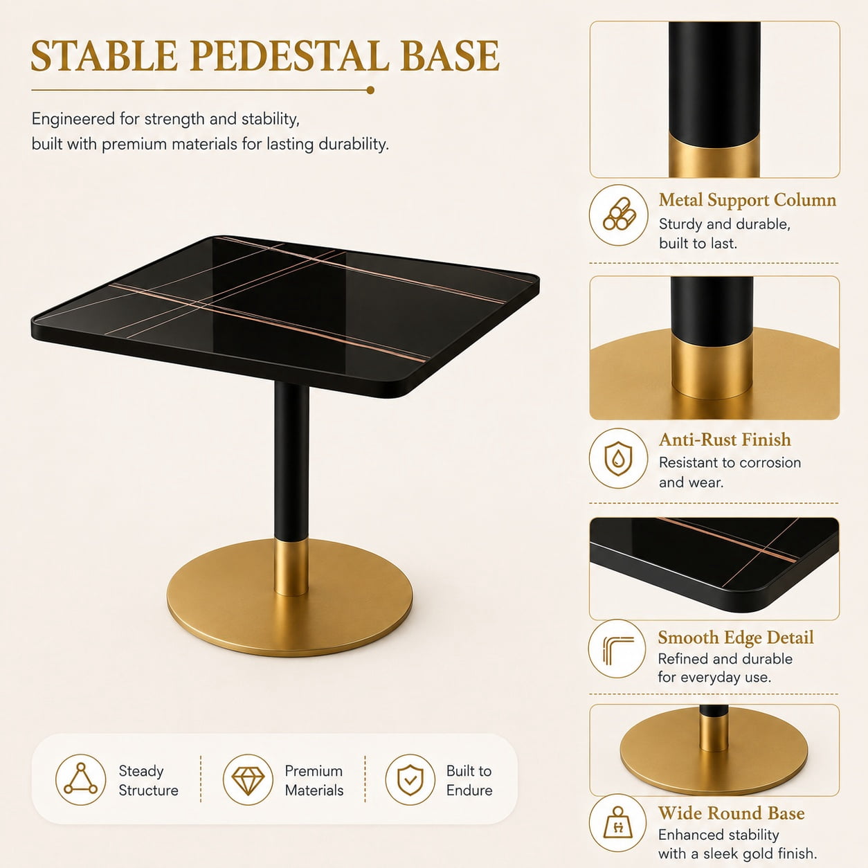 Aukfa 31.5" Square Dining Table for 2-4, Marble-Look Sintered Stone Top, Gold Pedestal Base, Small Spaces,Nero Black