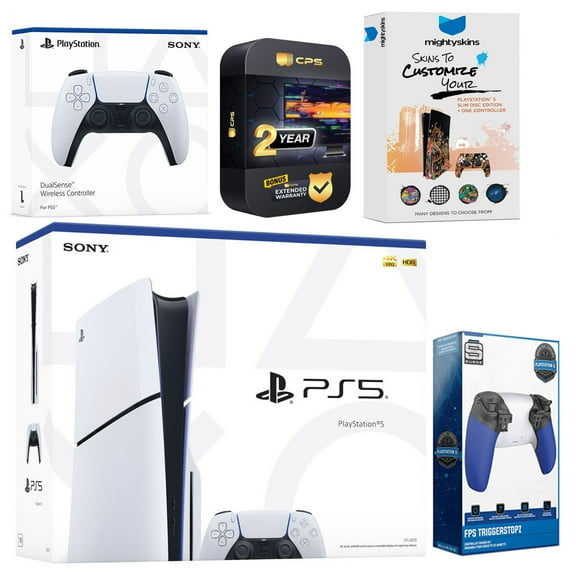 Sony Playstation 5 Slim Disc with Extra White Controller, Trigger Stop Kit and MightySkins Decal Voucher Plus 2 Year CPS Extended Warranty