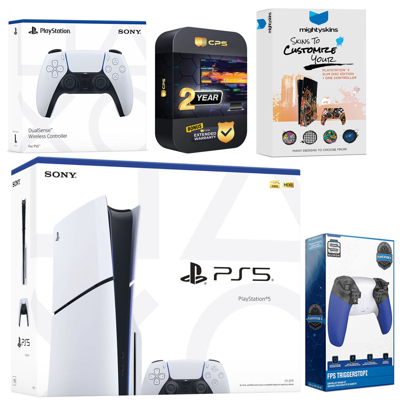 Sony Playstation 5 Slim Disc with Extra White Controller, Trigger Stop Kit and MightySkins Decal Voucher Plus 2 Year CPS Extended Warranty