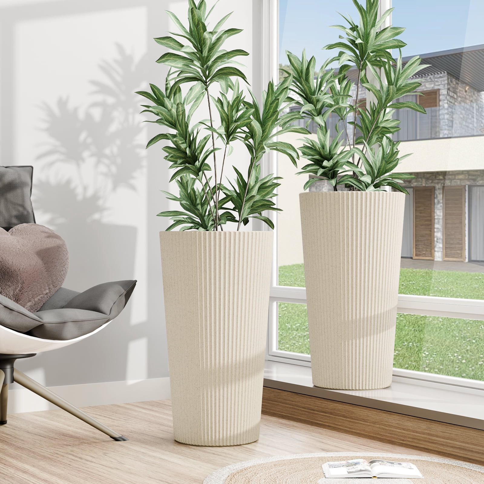 Chiccushion Tall Round Planter Set of 2, 23.6 Inch Tall Decorative Planter Pots for Outdoor Indoor Garden Patio Front Porch, Beige