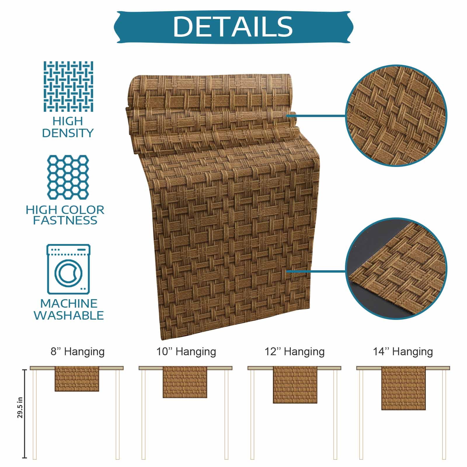 Vintage Rattan Table Runner - 60 Inch Long Minimalist Abstract Wicker Texture Brown Cotton and Linen Blended Dress Scarves Farmhouse Table Runner for Kitchen Dining, Coffee Table, 13" x 60"