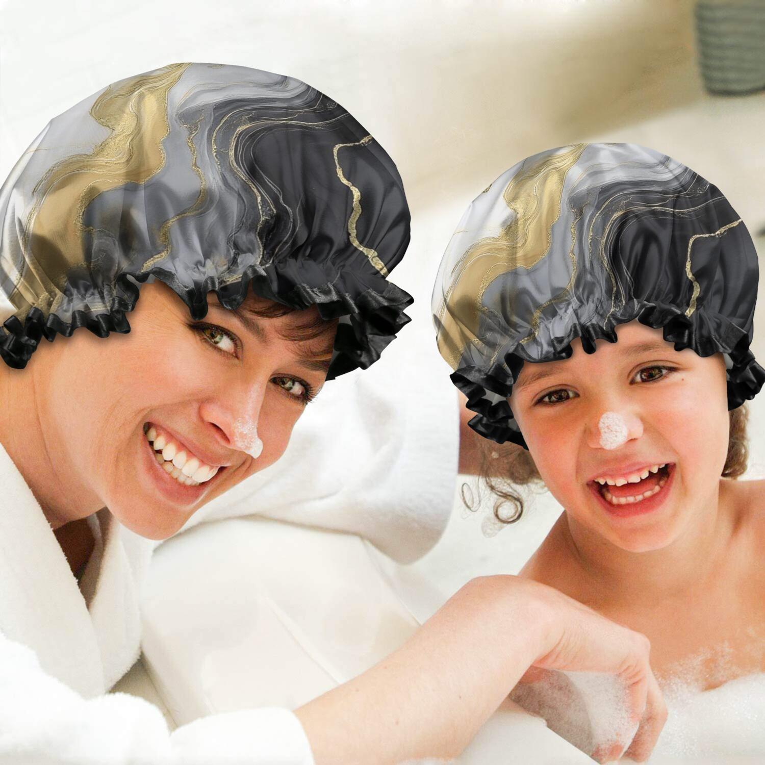 Shower Caps,Black Marble Gold Line Pattern Waterproof Shower Cap for Women 4 Pieces,Double Reusable Hair Cover for Shower PEVA Elastic Stretch Hem