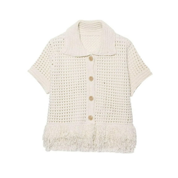 Women'S Open Knit Short Sleeve Top with Fringe Milky L