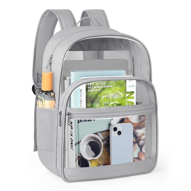 Heavy-Duty Transparent PVC & Oxford Canvas Backpack with Adjustable Breathable Straps - 17"x7.5"x12.5" Large Capacity, Multiple Compartments (Main, Inner Pocket, 2 Front, 2 Mesh Side) for School,