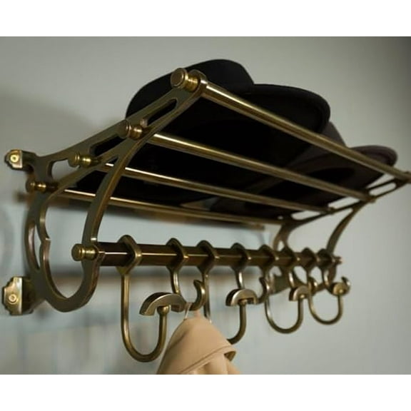 French Wall Mounted Antique Brass Finish Coat Rack with Luggage Shelf - Stylish Storage Solution for Coats, Hats, and Bags