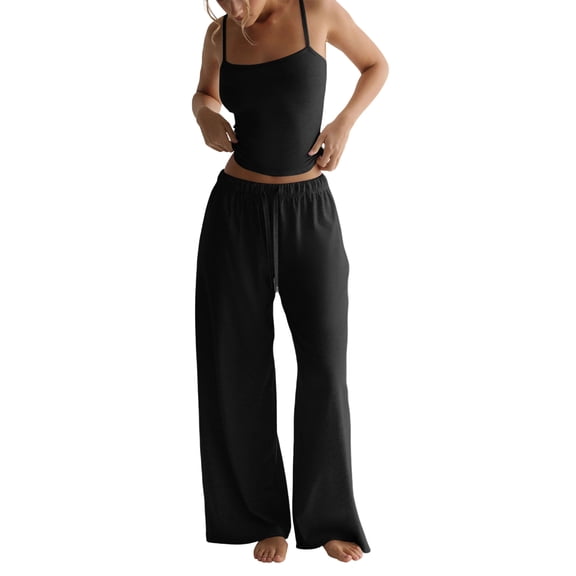 CIENVNSTG Two Piece Sets for Women Summer Spaghetti Strap Tank Top Wide Leg Pants Sets Matching Lounge Sets Tracksuit Athletic Wear Yoga Set Black L