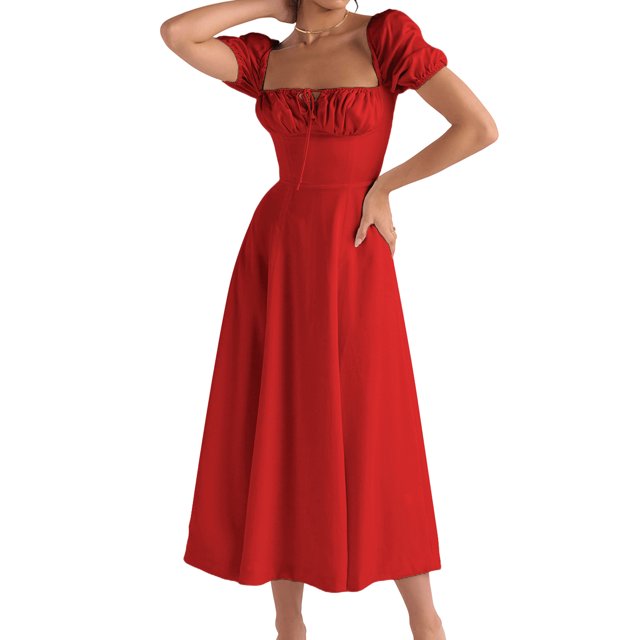 Vestidos Largos Vestidos de mujer con mangas abullonadas, vestido elegante, ropa de primavera y verano (rojo L) Cgtredaw Para estrenar