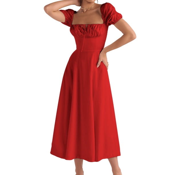 Vestidos Largos Vestidos de mujer Manga abullonada Vestido elegante Primavera Verano Ropa (Rojo S) Cgtredaw Para estrenar