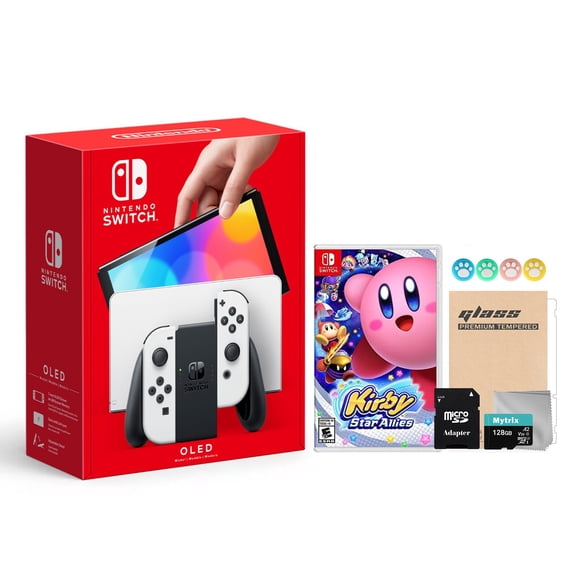 2021 New Nintendo Switch OLED Model White Joy Con 64GB Console Improved HD Screen & LAN-Port Dock with Kirby Star Allies And Mytrix Accessories