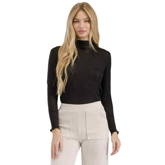 Women's Ribbed Long Sleeve Top with Lettuce Trims, Black, SM