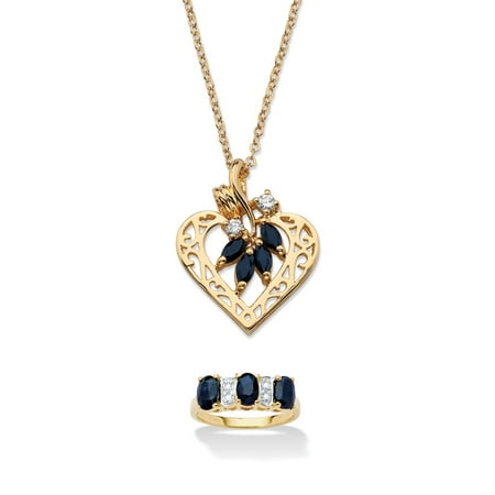 18k Sapphire Necklace - 3.40 TCW Sapphire 18k Gold over Silver Ring and Gold Tone Heart Pendant Necklace Set