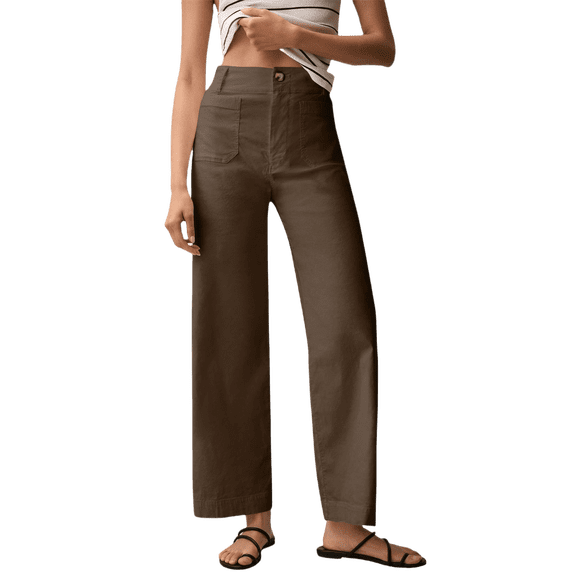 Mohiass Womens Stretch Twill Pants Casual High Waisted Wide Leg Cropped Pants Straight Leg Ankle Chino Pant with Patch Pockets Coffee XS