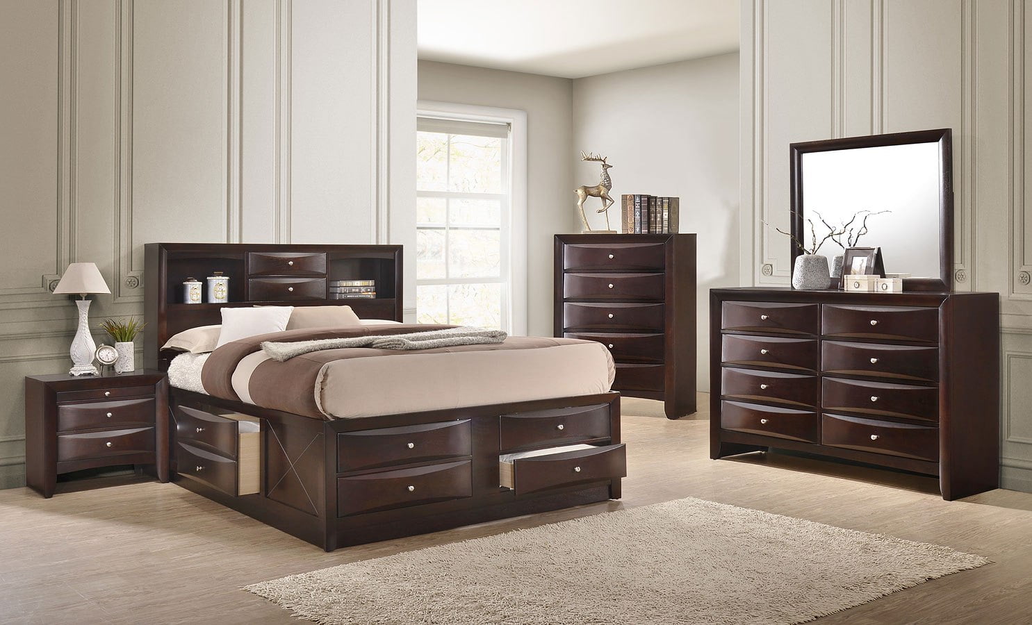 Contemporary Queen Size 6pc Captains Bed Set Storage Drawers