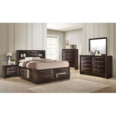 Contemporary Queen Size 5pc Captains Bed Set Storage Drawers Cherry Finish Solid Wood Bedroom Furniture