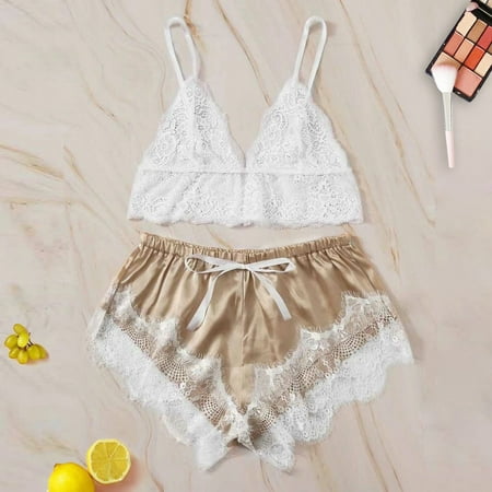 

bvgfsahne Women Lace Wireless Bra Camisole Satin Shorts Set Sleepwear Pajamas Lingerie