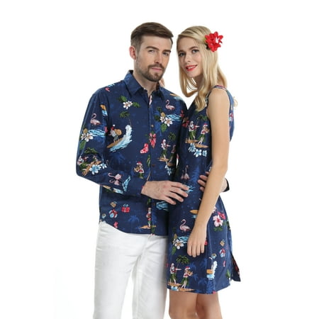 Couple Matching Hawaiian Luau Cruise Christmas Outfit Shirt Dress Santa Navy Men L Women