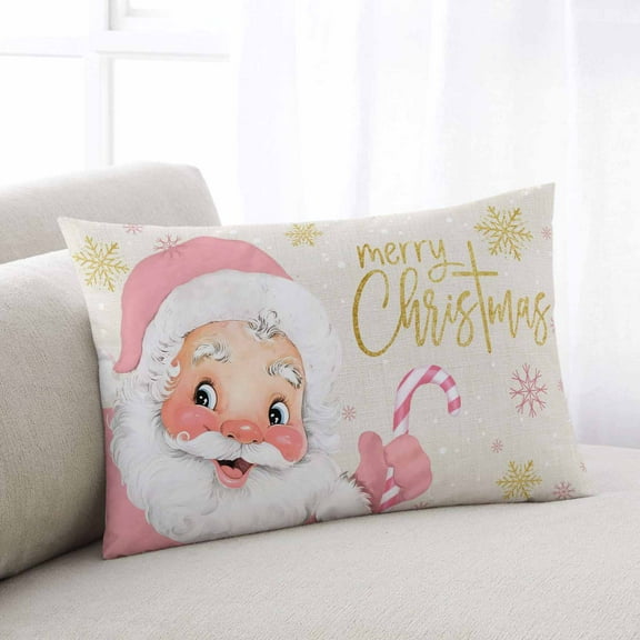 Pink Santa Christmas Throw Pillow Cover, Pillowcase Protectors with Zipper, Breathable Decorative Lumbar Pillow Case Cover, Xmas Snowflake Winter Rustic Pillow Shams for Couch Sofa 16x24Inch