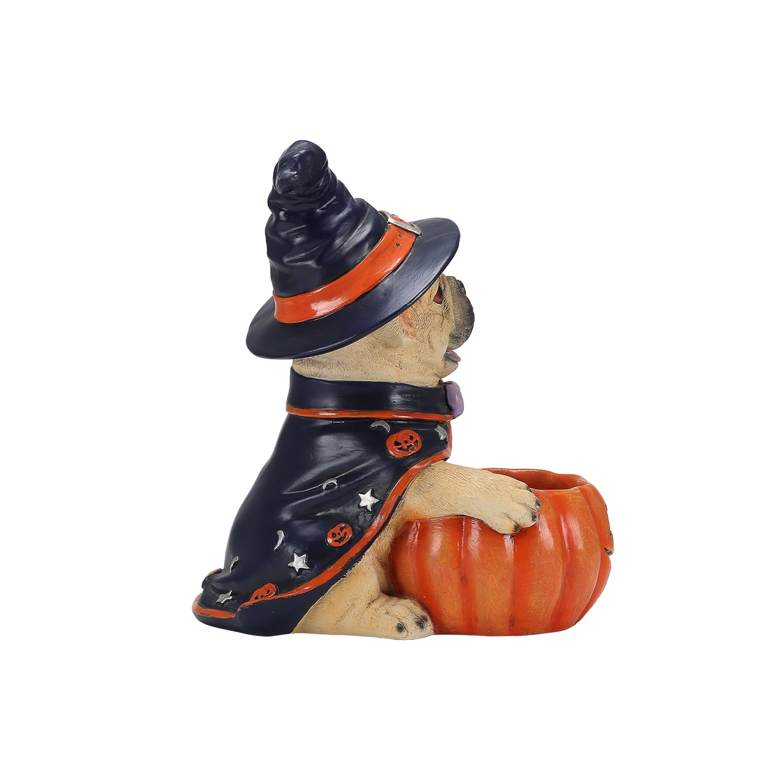 French Bulldog Figurine 12.6 Inch, Halloween Witch Puppy Statue with Pumpkin Candy Bowl, Cute Dog Decor for Tabletop and Holiday Display, Beige and Orange-Red