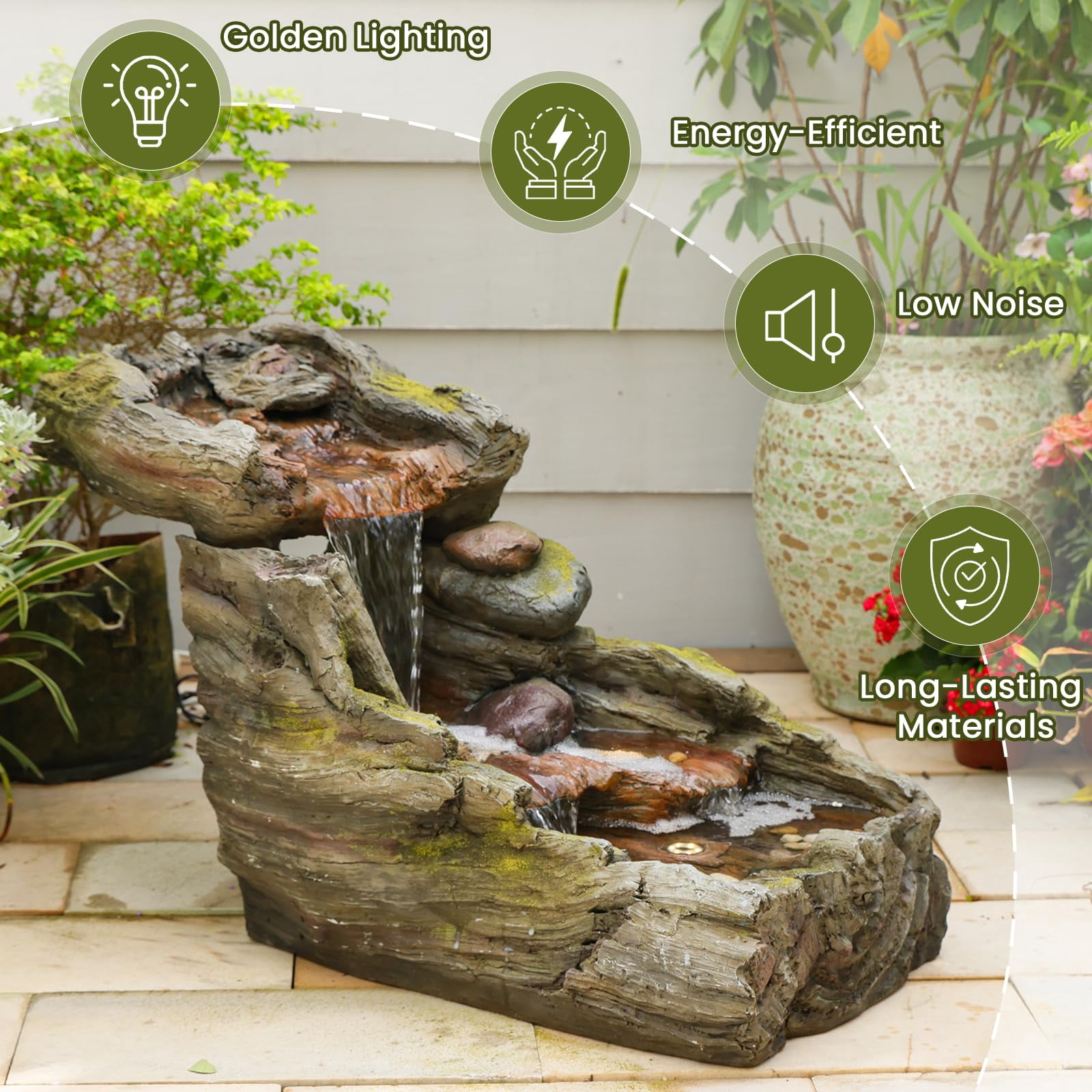32.5" L Garden Outdoor Water Fountain, Floor Standing Cascading Realistic Tree Trunk Natural Waterfall Outdoor Fountains with LED Lights for Patio, Porch, Home Art Decor