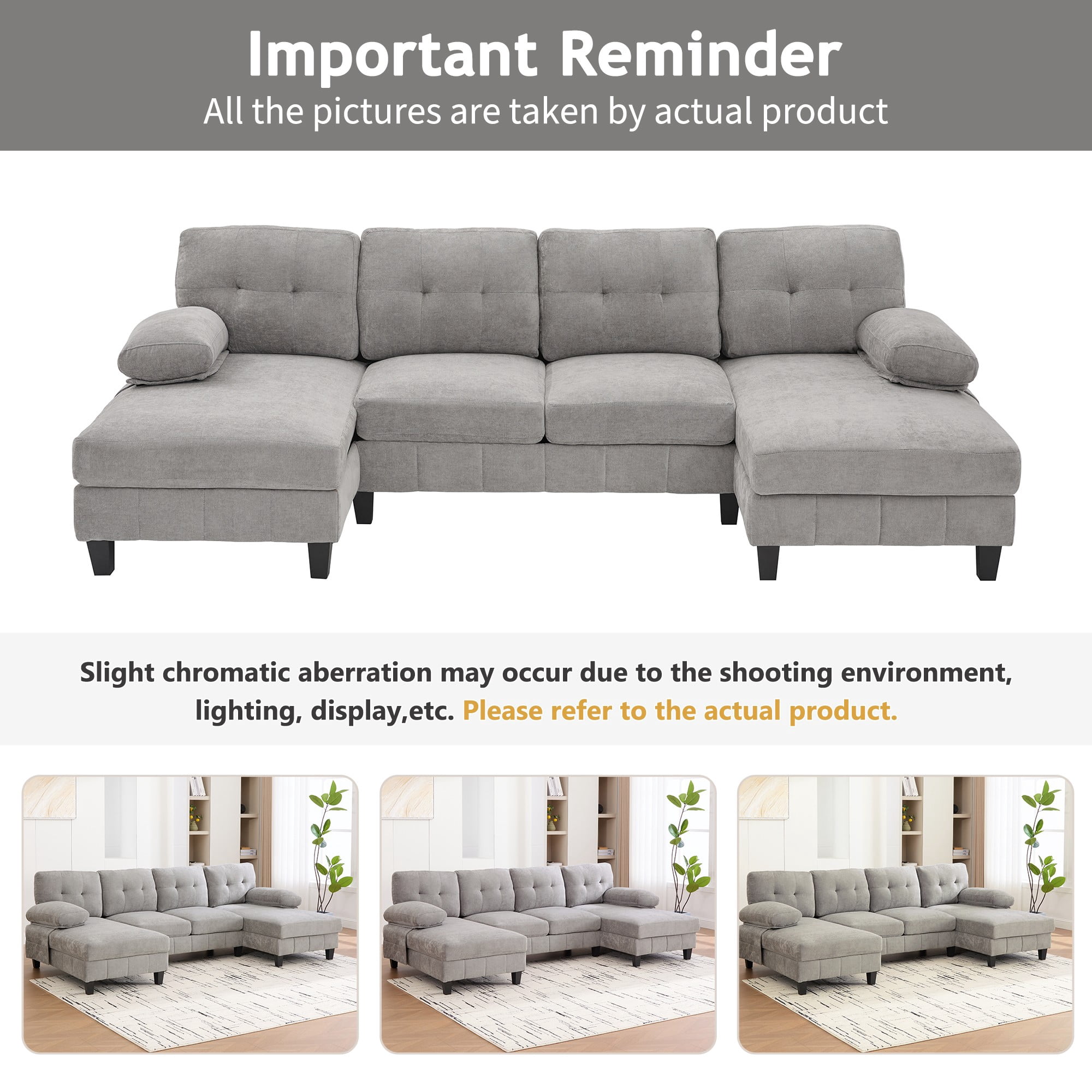U-shaped Sectional Sofa,103.5" Chenille Upholstered Sofa Couch with Storage Pockets and Armrest Pillows for Living Room,Grey