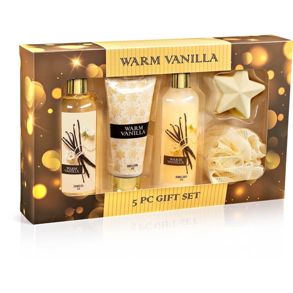 Warm Vanilla Bath and Body Gift Set for Women and Men, Spa Collection with Shower Gel, Bubble Bath, Body Scrub, Bath Fizzer, and Bath Sponge Valentines Gift