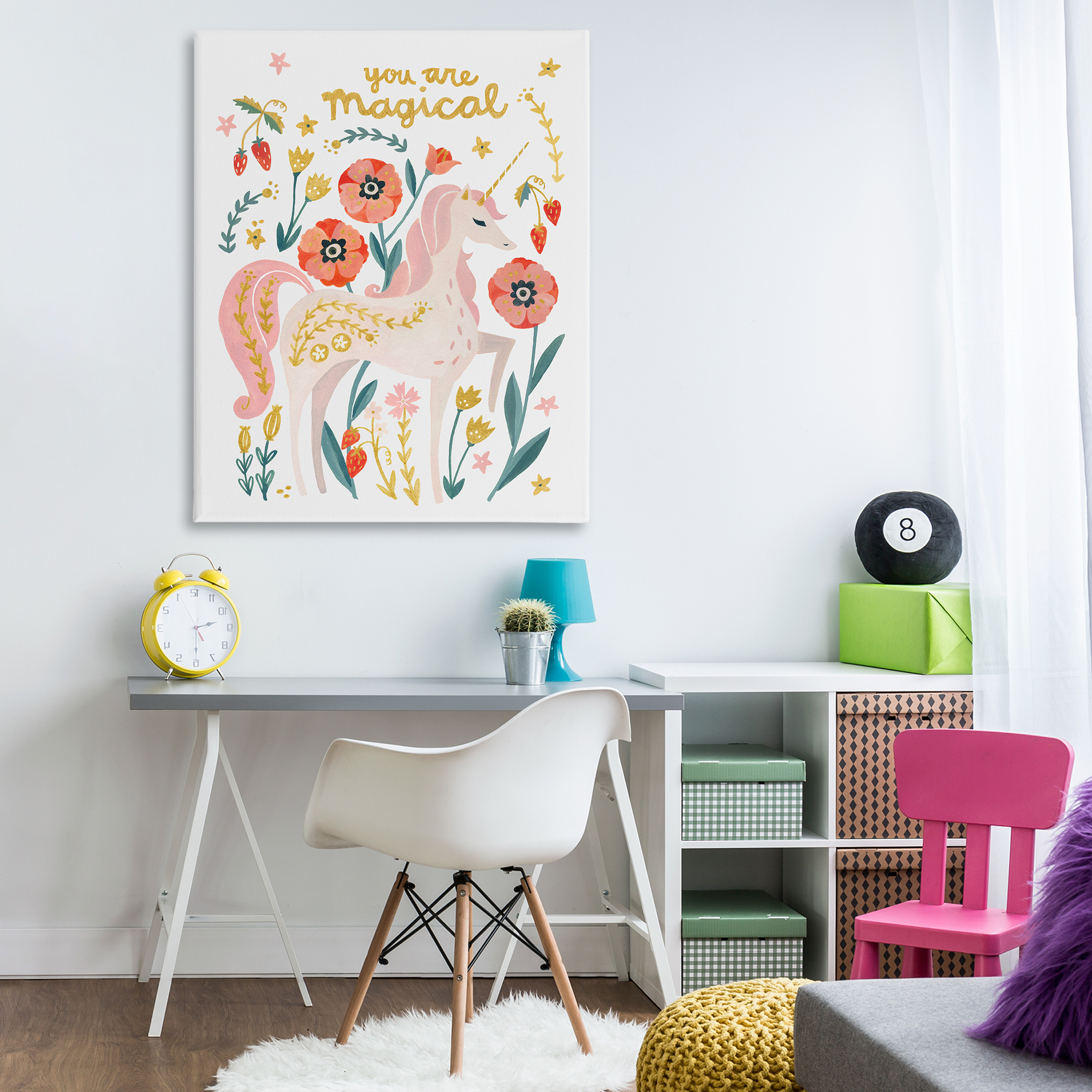 Stupell Industries Magical Pink Unicorn & Florals Fantasy & Sci-Fi Painting Wrapped Canvas Art Print Wall Art, 36 x 48