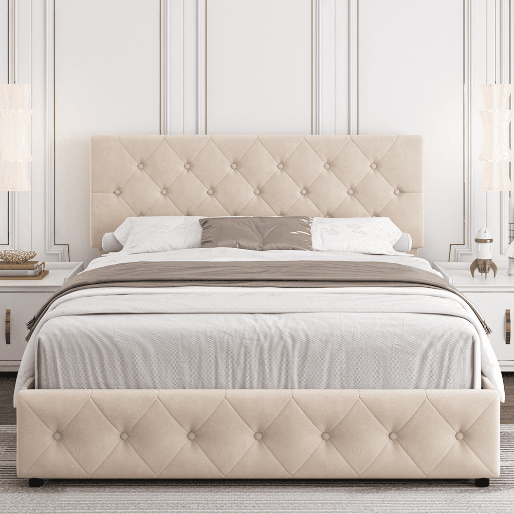 Queen Bed Frame with Storage and Adjustable Headboard, No Box Spring