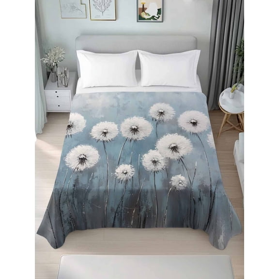 White Dandelion California King Size Flat Sheet, Wrinkleproof & Fadeproof Cooling Flat Bed Sheet Only, Blue Oil Painting Retro Modern Art Breathable Soft Bedding Top Sheets 108 x 98 Inches